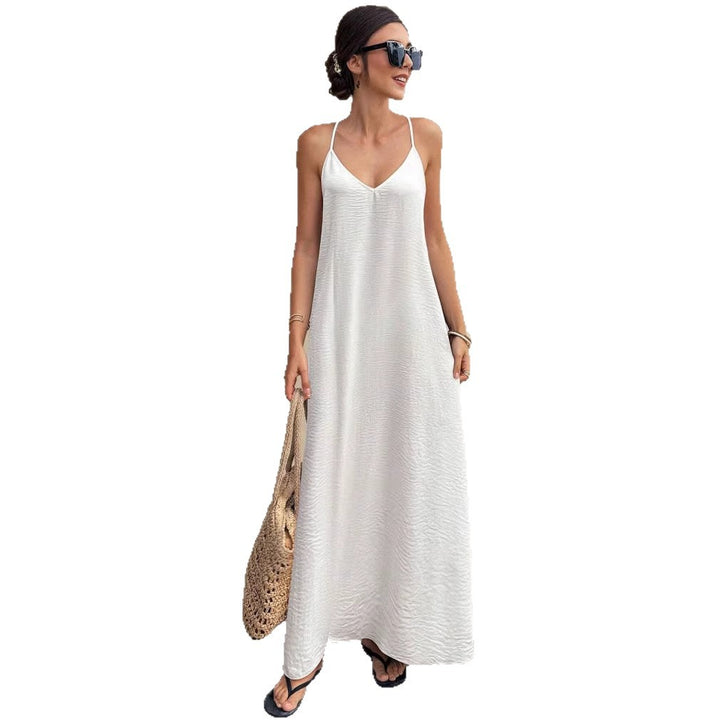 Damen Fließendes Maxikleid mit Spaghettiträgern, V-Ausschnitt und sommerlicher Leinenoptik Drune