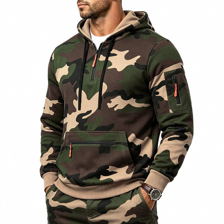 Herren Kapuzenpullover mit Tarnmuster, Reißverschlusstaschen und Kängurutasche Drune