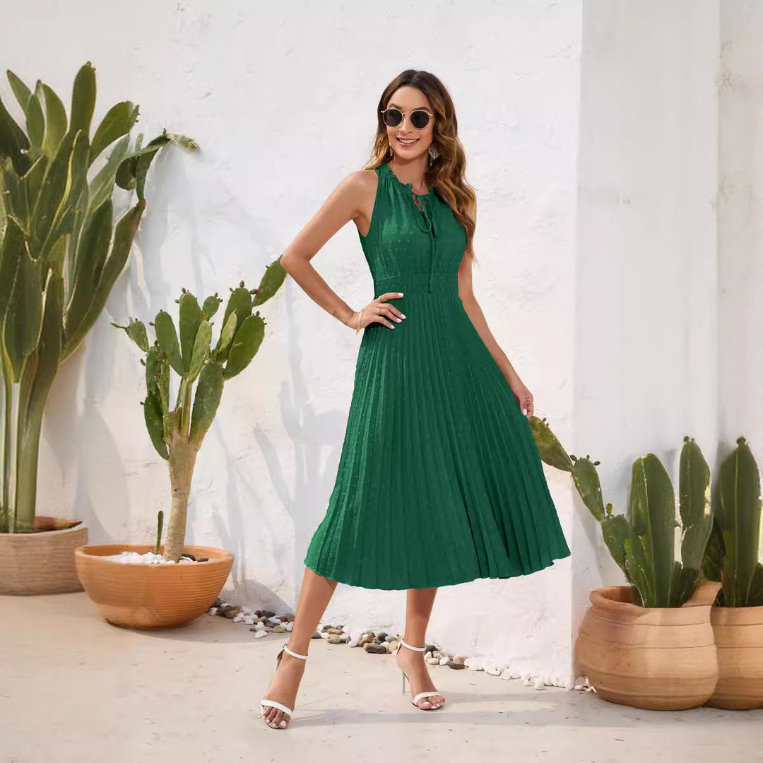 Damen Plissiertes Midikleid mit elegantem Schlitz und verstellbarem Kragen Drune