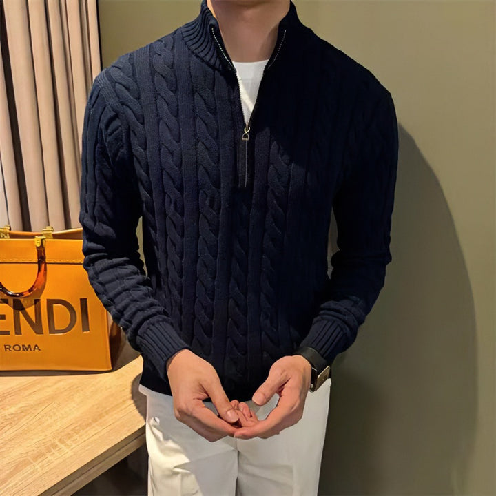 Herren Zopfstrick-Halbzip-Pullover mit Stehkragen Drune