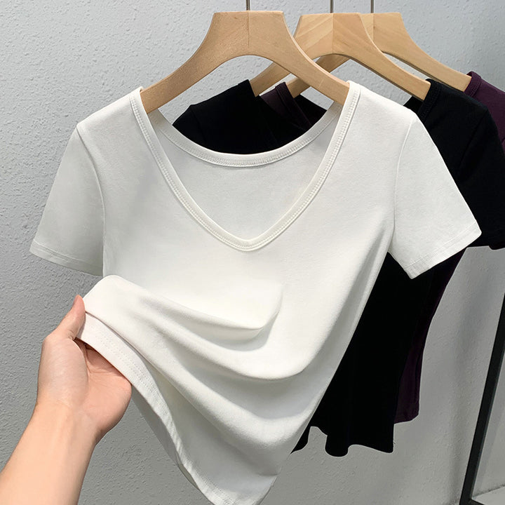Damen V-Ausschnitt Basic T-Shirt aus weichem Stretchmaterial mit figurbetonter Passform Drune