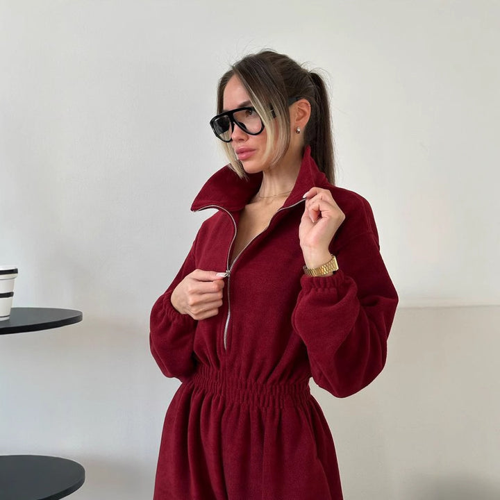 Damen kuscheliger Plüsch-Jumpsuit mit halbem Reißverschluss und elastischer Taille Drune