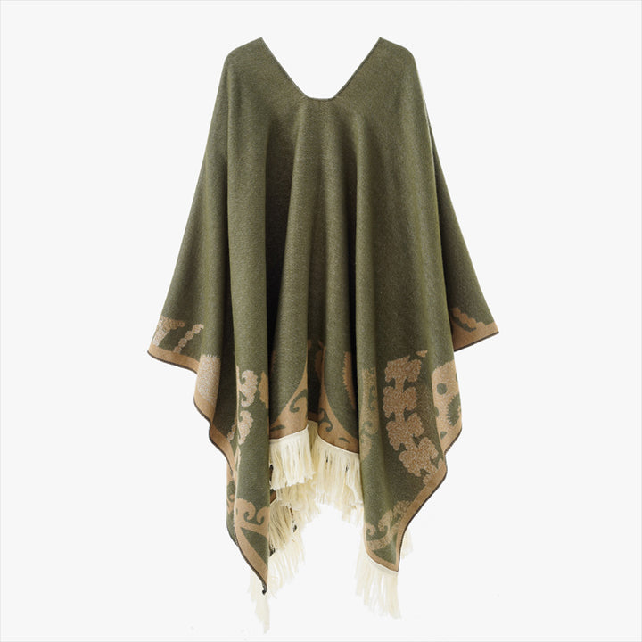Damen Wollmix-Medallionponcho mit V-Ausschnitt und Fransensaum Drune
