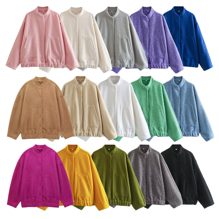 Damen Oversize-Fleecejacke mit Stehkragen, aufgesetzten Fronttaschen und elastischem Saum Drune
