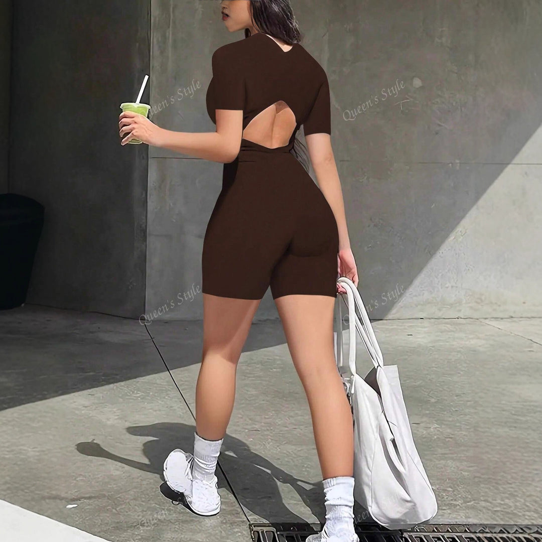 Damen Bodycon Jumpsuit mit kurzem Arm und Reißverschluss Drune