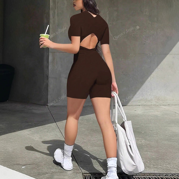 Damen Bodycon Jumpsuit mit kurzem Arm und Reißverschluss Drune