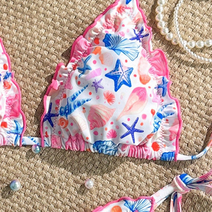 Damen fröhlicher Blumenmuster-Bikini mit Rüschen Drune