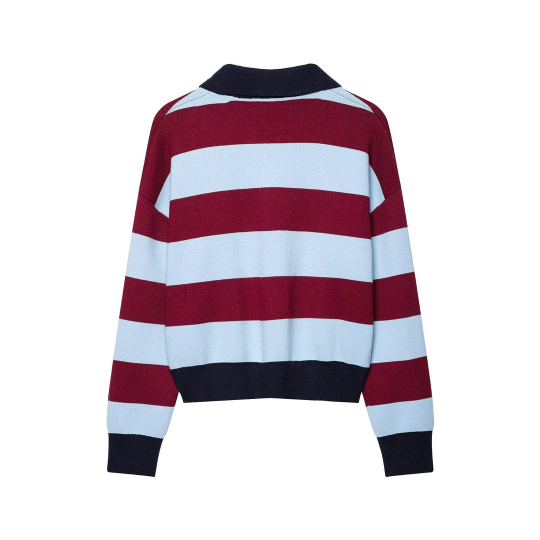 Damen Gestreifter Rugby-Pullover mit Polokragen und V-Ausschnitt Drune