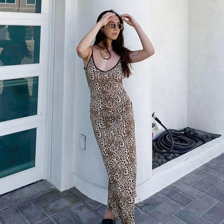 Damen elegantes Maxikleid mit tierischem Muster und schmalen Trägern Drune
