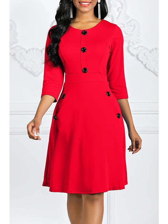 Damen Elegantes knieumspielendes Kleid mit Schmuckknöpfen und 3/4-Ärmeln Drune