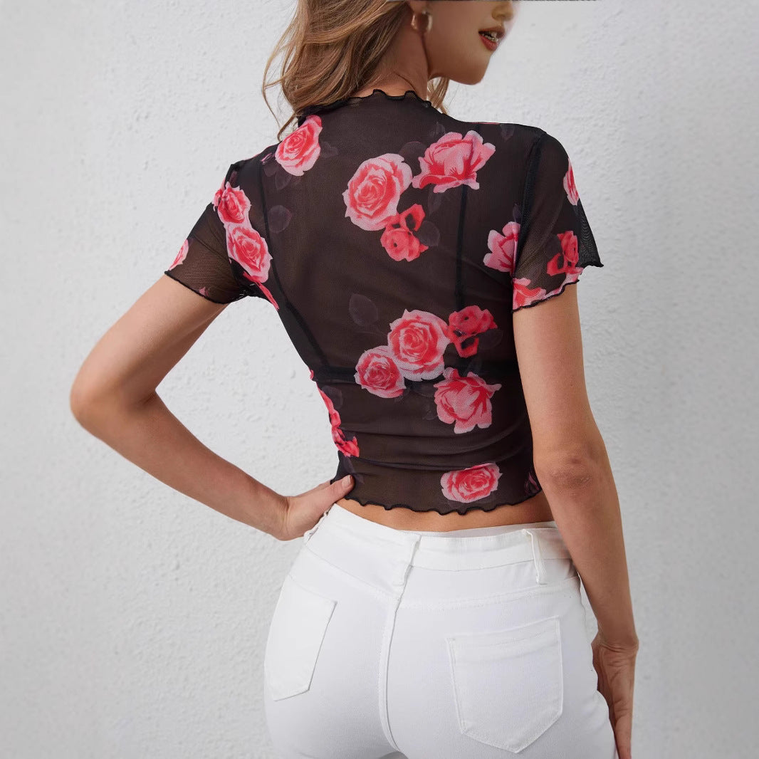 Damen nan tailliertes Netz-Crop-Top mit Rosenprint, Stehkragen und welligem Saum Drune
