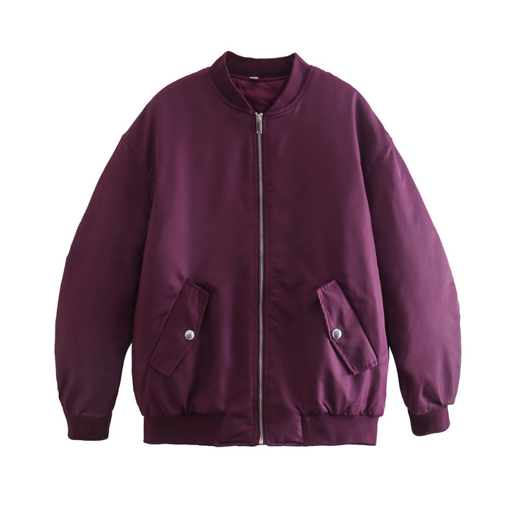 Damen nan oversized Bomberjacke mit Stehkragen, Reißverschluss und Druckknopf-Taschen Drune