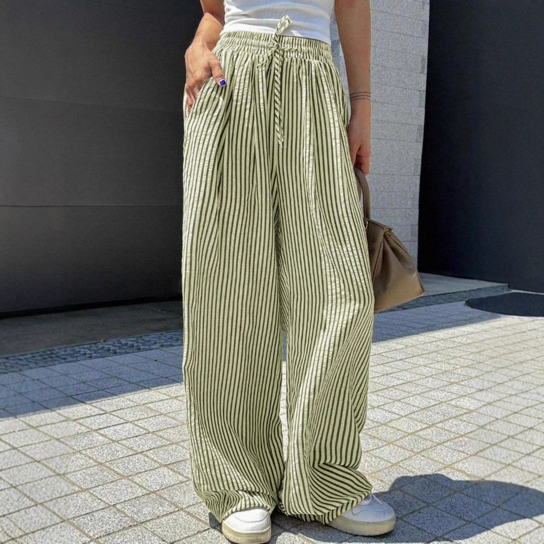 Damen Marlene-Streifenhose aus Leinenmix mit weitem Bein, Elastikbund und Kordelzug Drune