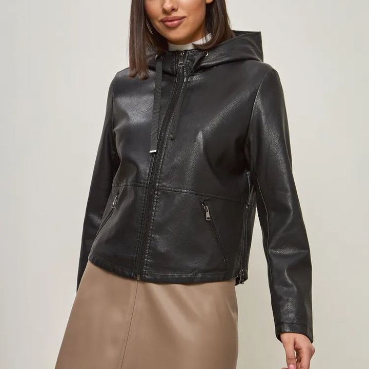 Damen modische Kunstlederjacke mit Kapuze und Reißverschlusstaschen Drune