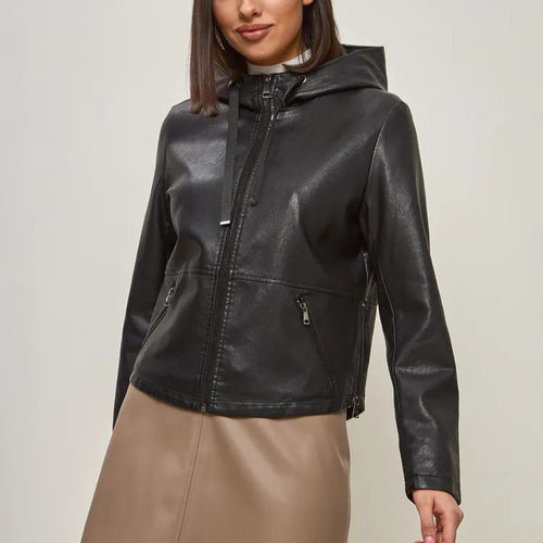 Damen modische Kunstlederjacke mit Kapuze und Reißverschlusstaschen Drune