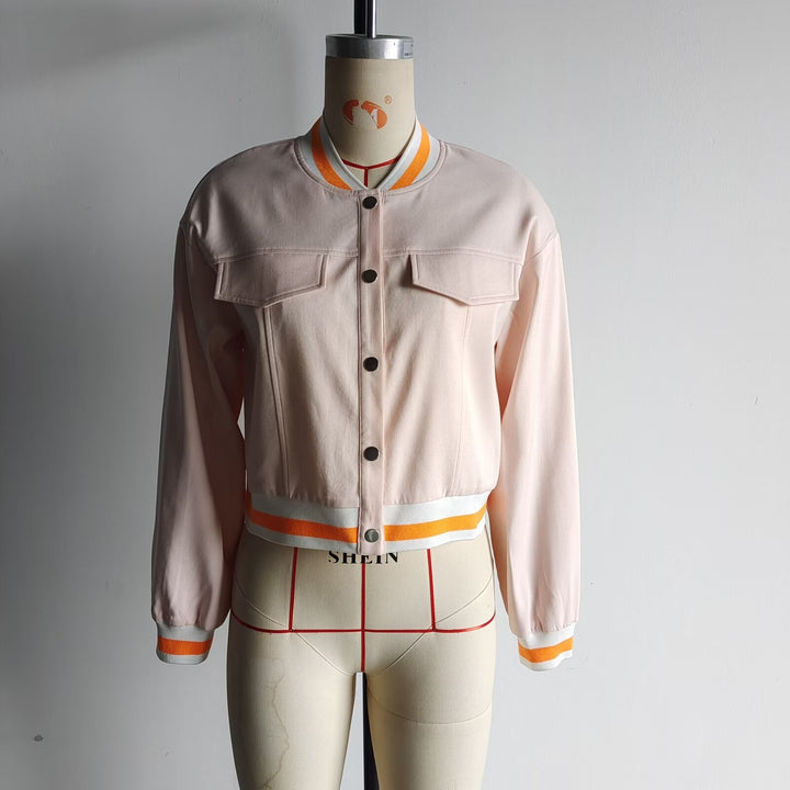 Damen nan cropped Blousonjacke mit Druckknopfleiste, gestreiften Rippbündchen und aufgesetzten Brustklappen Drune