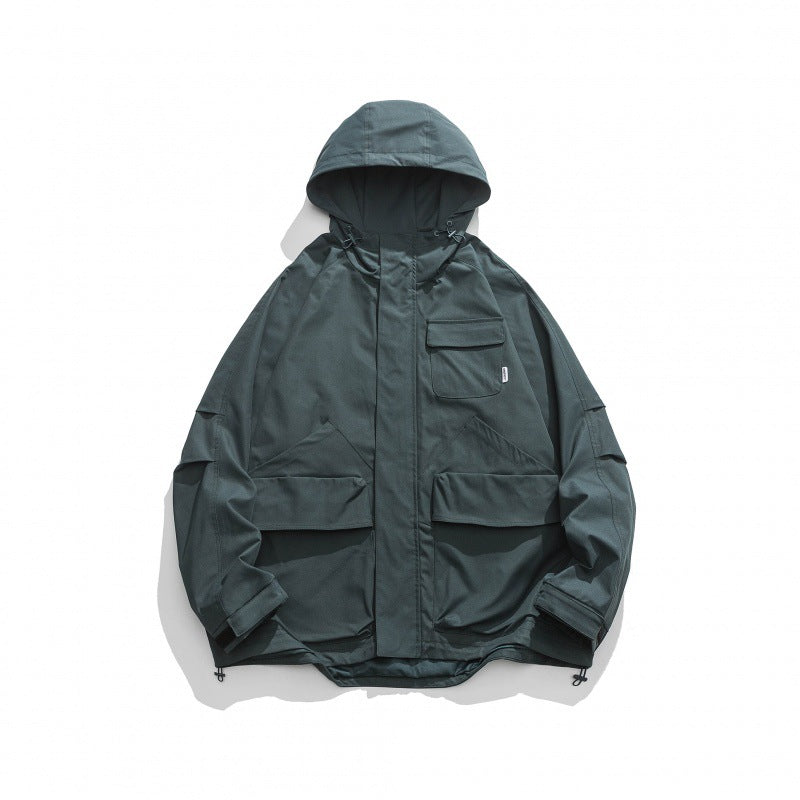 Unisex Boxy-Utility-Kapuzenjacke mit Mehrfachtaschen, verstellbarem Saum und winddichter Shell Drune