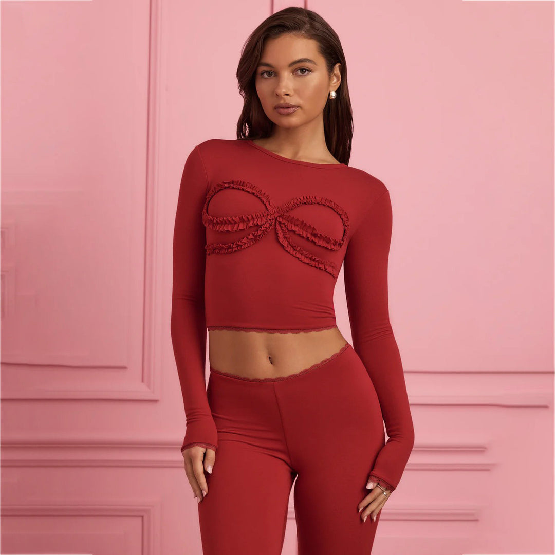 Damen körperbetontes Langarm-Crop-Top mit Rüschendetails Drune
