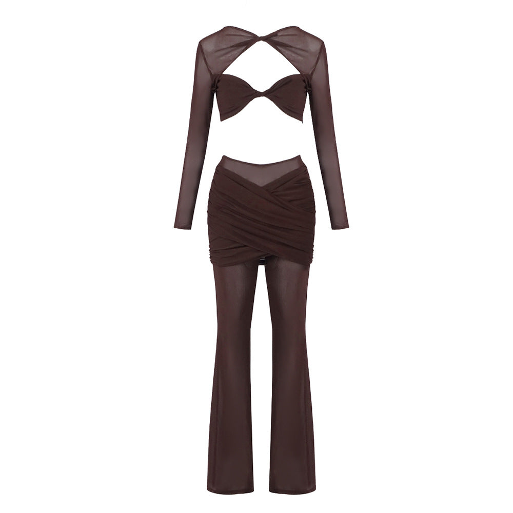 Damen elegantes Crop-Top und weit geschnittene Hose Set Drune