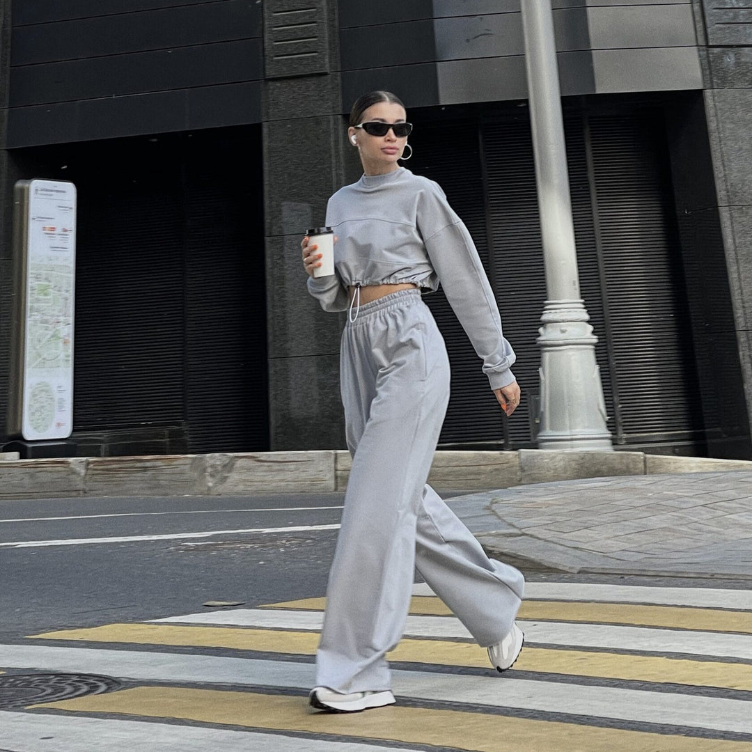 Damen Cropped Loungewear-Set mit gerafftem Tunnelzug und weiter High-Waist-Hose Drune
