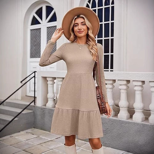 Damen Midikleid mit Rippstruktur und voluminösem Rock Drune