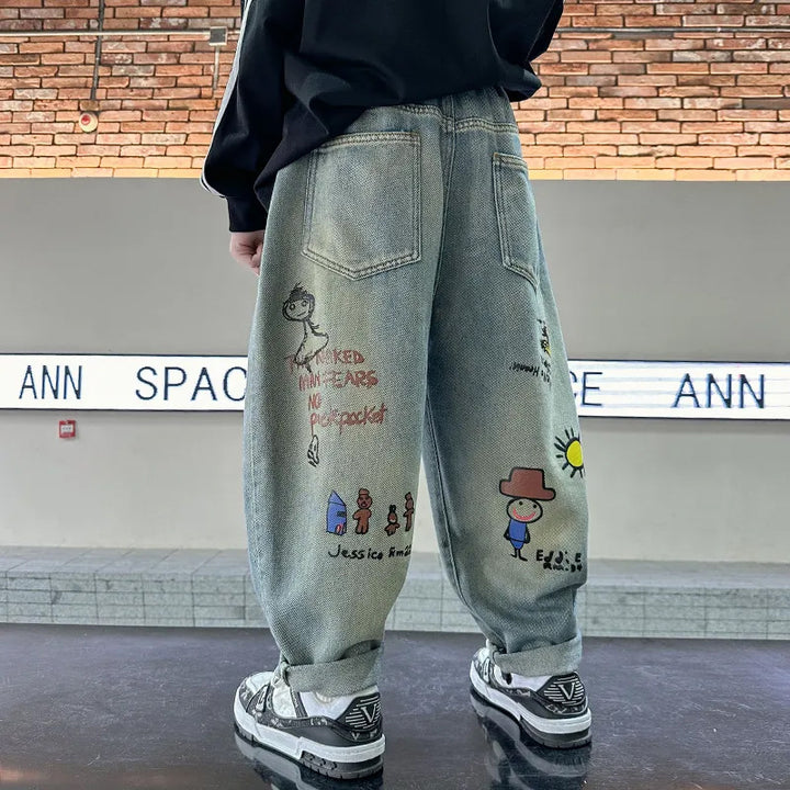 Damen lässige Baggy-Jeans mit einzigartigem Comic-Print Drune