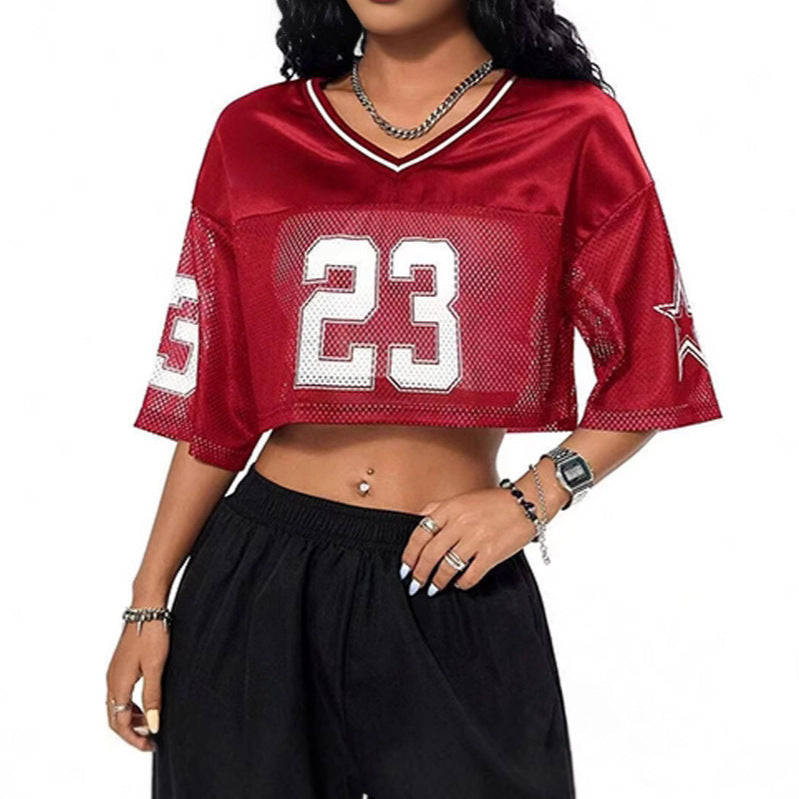 Damen sportliches Crop-Top aus atmungsaktivem Mesh-Material mit Nummer CD-Drune
