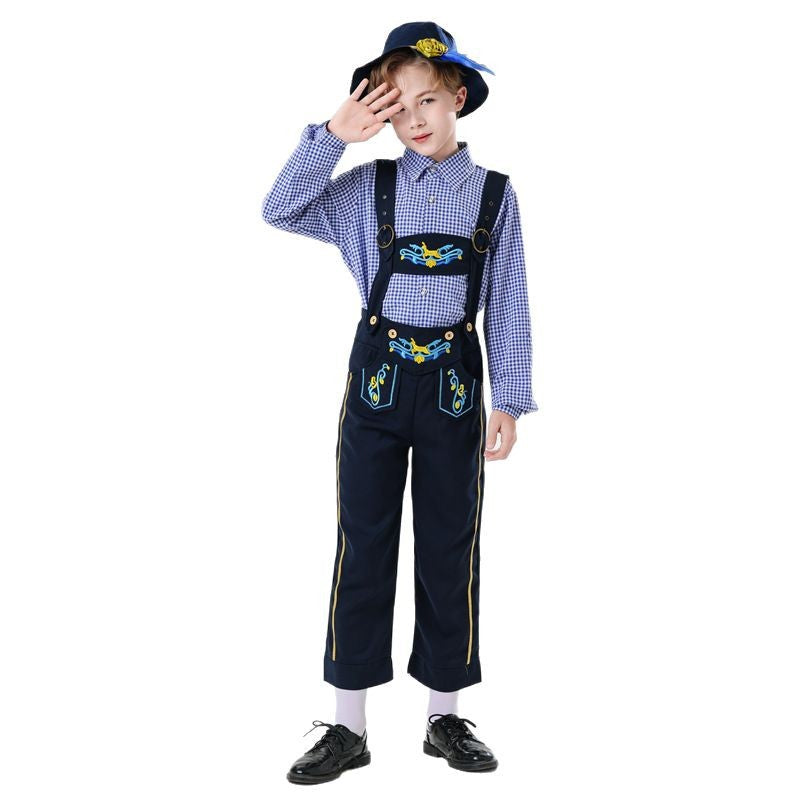 Herren nan bestickte Kindertracht Latzhose mit verstellbaren Hosenträgern und Kontrastnähten Drune