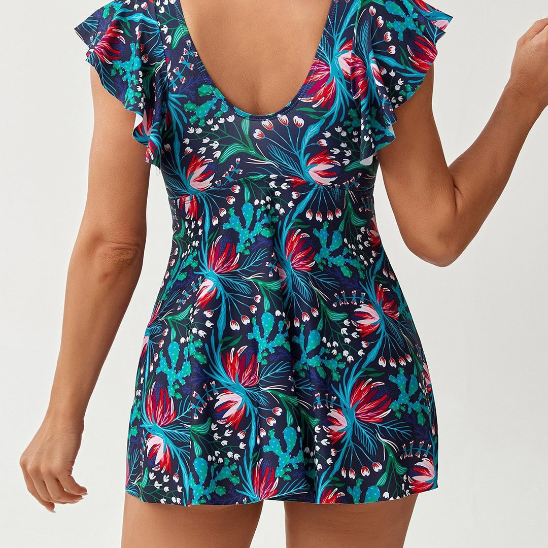 Damen Eleganter Kombination Badeanzug mit Volant und floralem Muster Drune