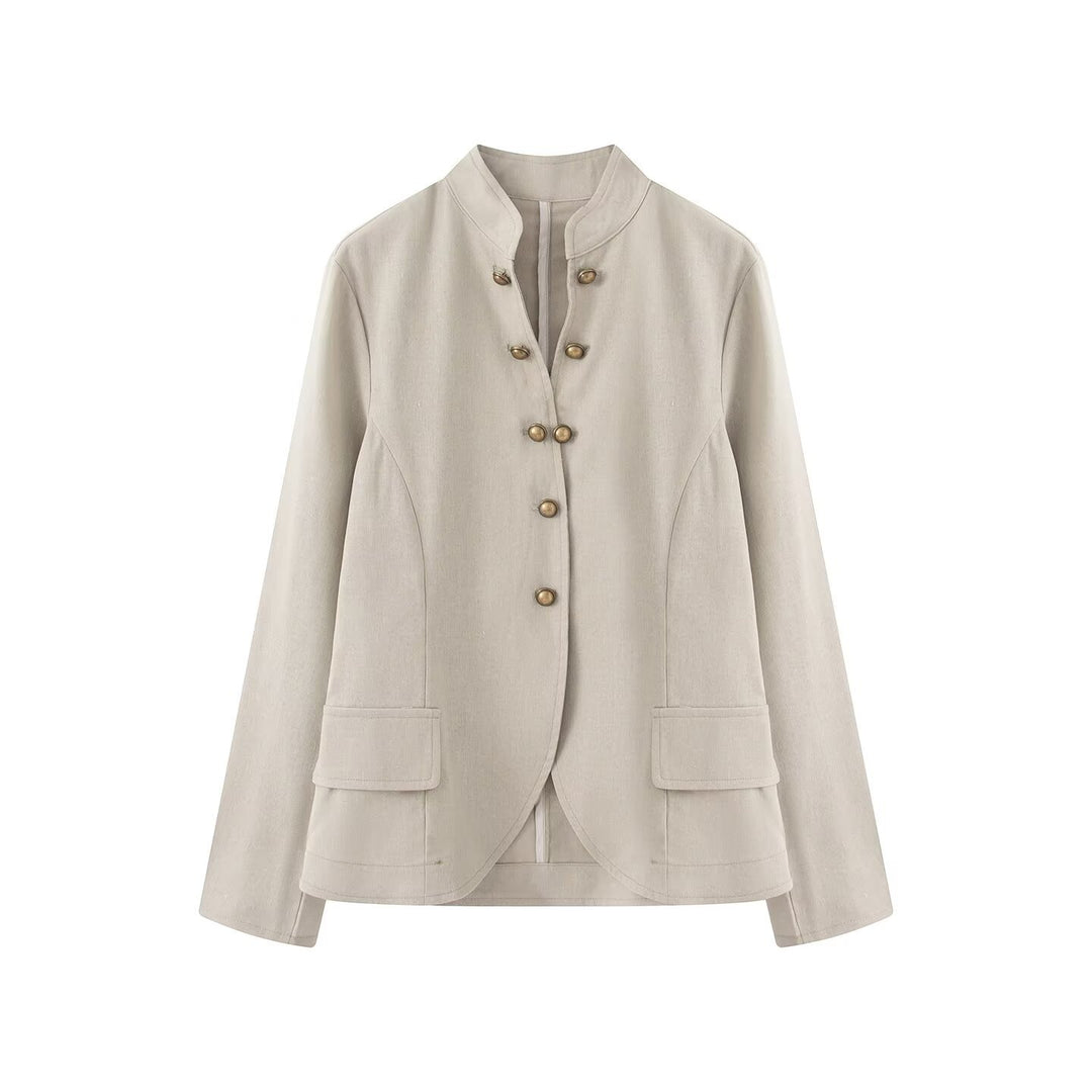 Damen Elegante Kurzjacke mit Stehkragen, Zierriegelknöpfen und Pattentaschen Drune