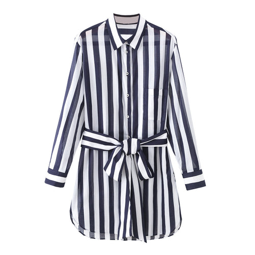 Damen Gestreiftes Hemdblusenkleid mit Taillengürtel und Langarm Drune
