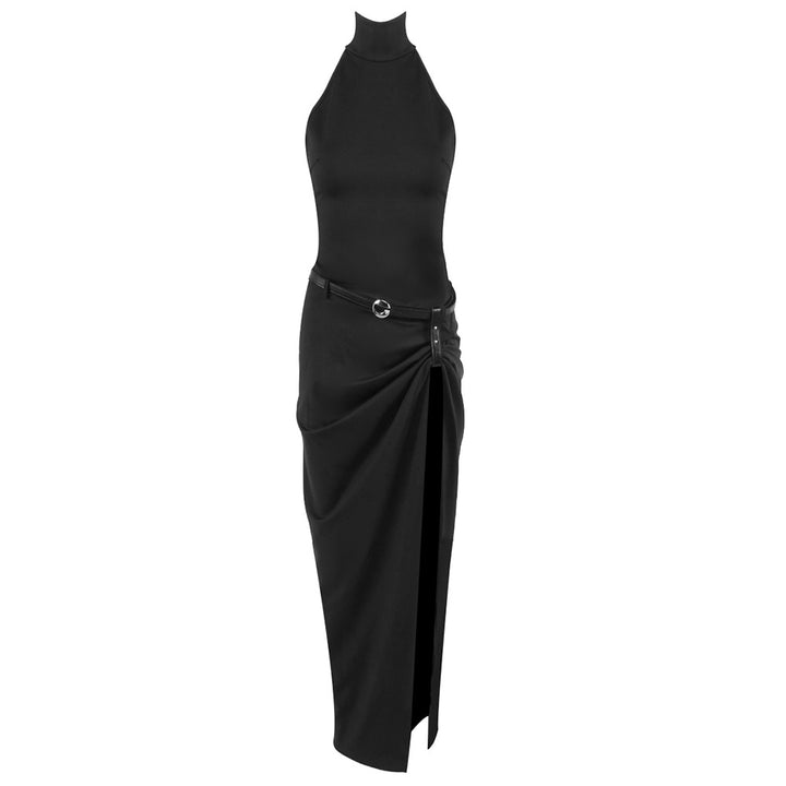 Damen Elegantes Wickelkleid mit hohem Kragen und asymmetrischem Saum Drune
