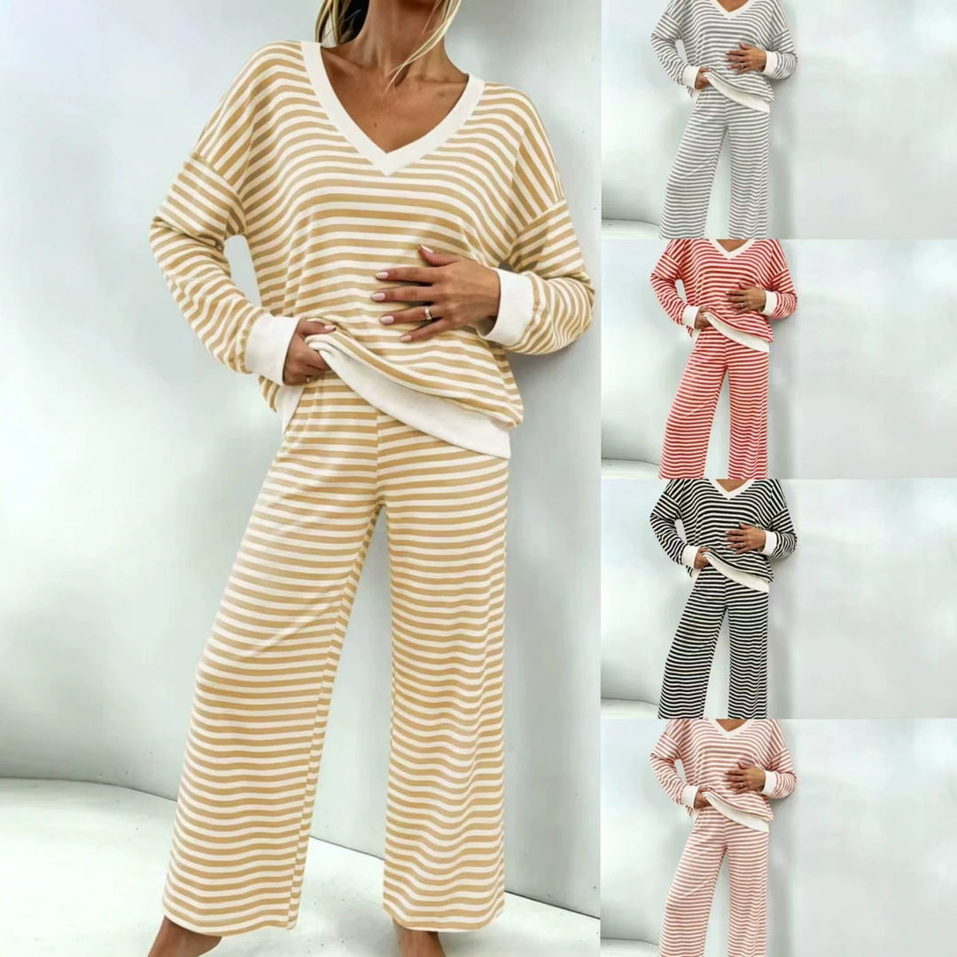 Damen Gestreiftes Lounge-Set mit V-Ausschnitt, Oversize-Pullover und Palazzo-Hose Drune