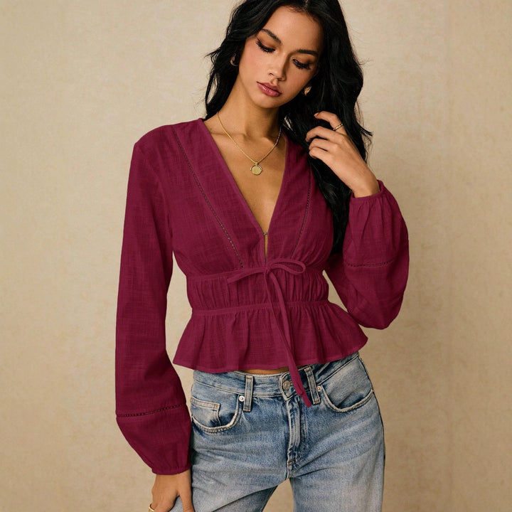 Damen Bluse mit tiefem V‑Ausschnitt, Kordel‑Taillenband und Volant Drune