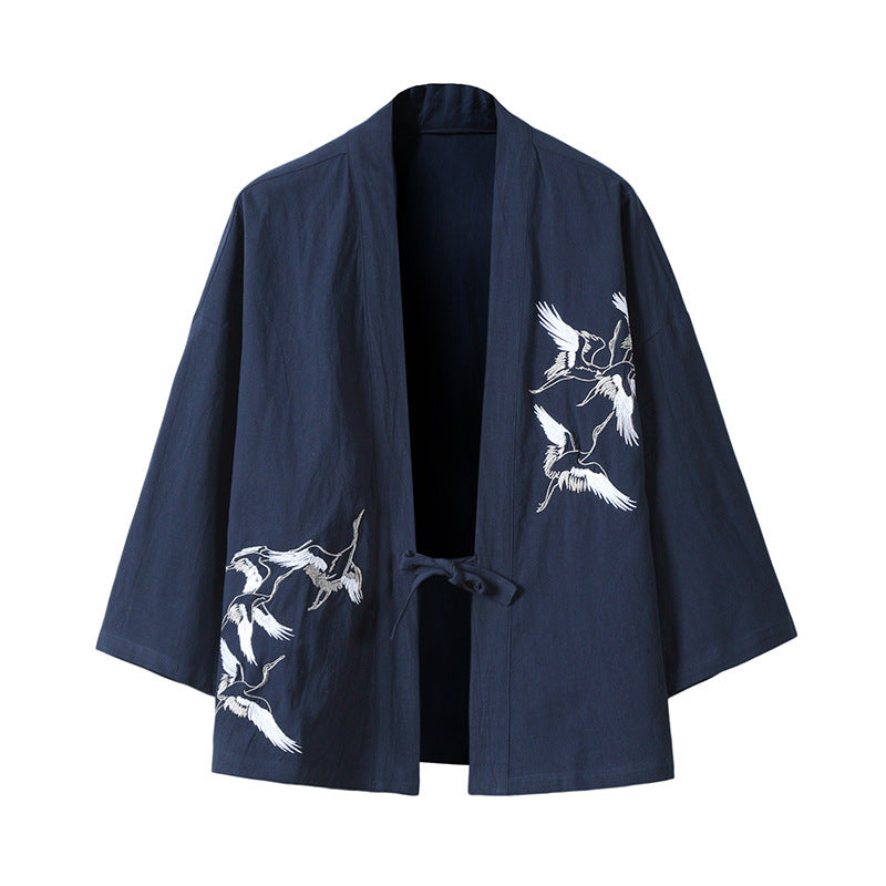 Unisex nan japanisch inspirierte Kimonojacke mit Kranichstickerei und Bindeschließe Drune