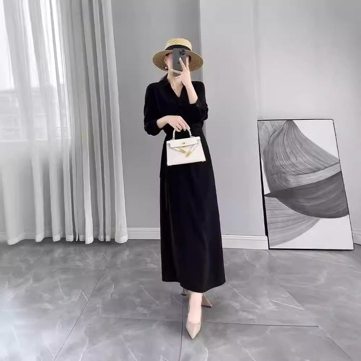 Damen Langärmliges Wickel‑Maxikleid mit Taillengürtel und V‑Ausschnitt Drune