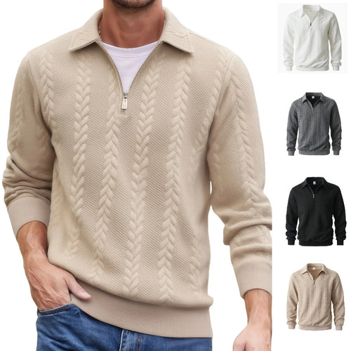 Herren Feinstrukturierter Zopfstrickpullover mit Kurzreißverschluss und Kentkragen Drune