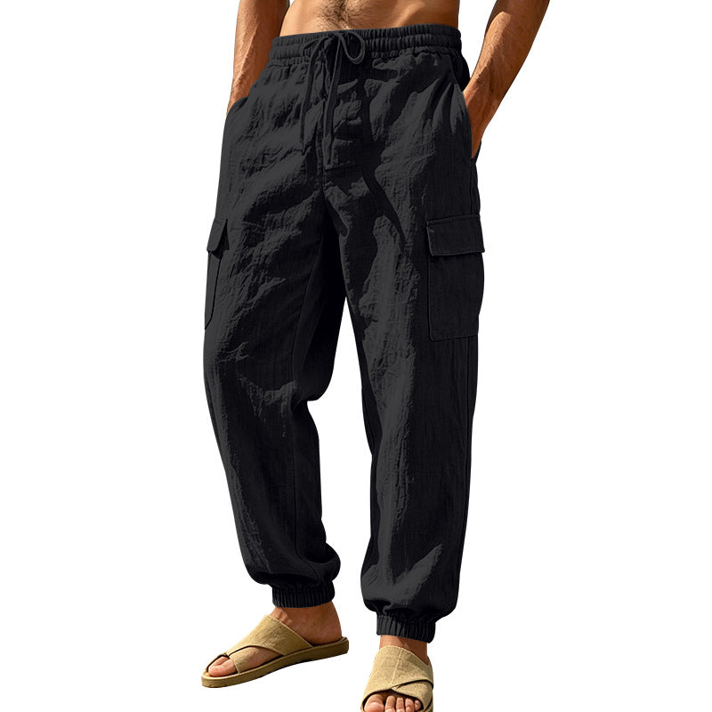 Herren nan leichte Cargo-Joggerhose aus Leinenmischung mit elastischem Tunnelzugbund, aufgesetzten Klappentaschen und gerippten Beinabschlüssen Drune