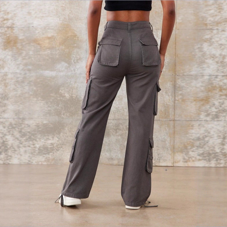 Damen Utility-Cargo-Hose mit weitem Bein, Mehrfach-Taschen und taillenhoher Passform Drune
