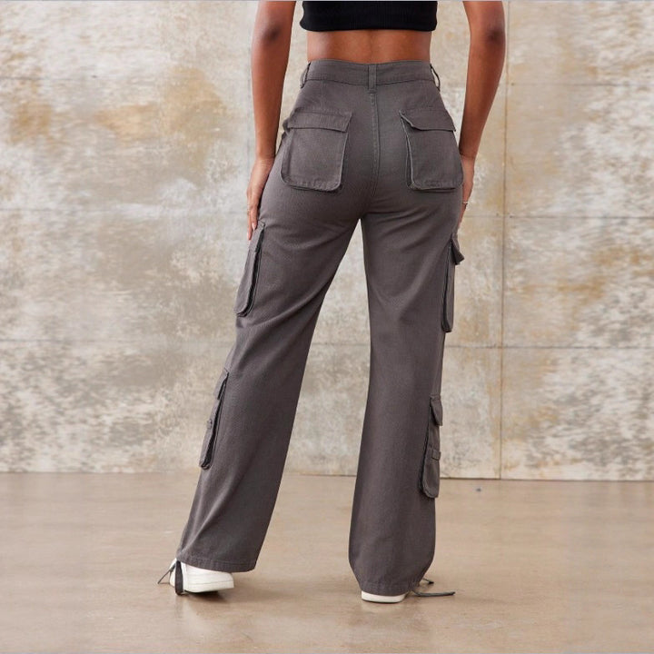 Damen Utility-Cargo-Hose mit weitem Bein, Mehrfach-Taschen und taillenhoher Passform Drune
