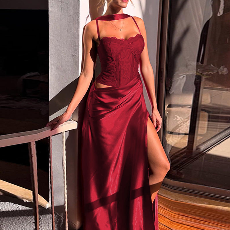 Damen elegantes Maxikleid mit Spitzenoberteil und fließendem Rock Drune
