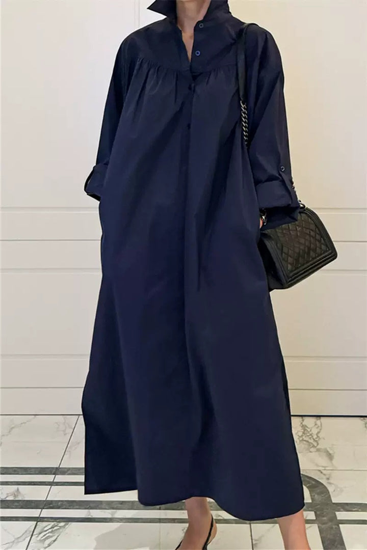 Damen Maxikleid im Oversize-Hemdstil mit Stehkragen, Schulterpasse und Eingrifftaschen Drune