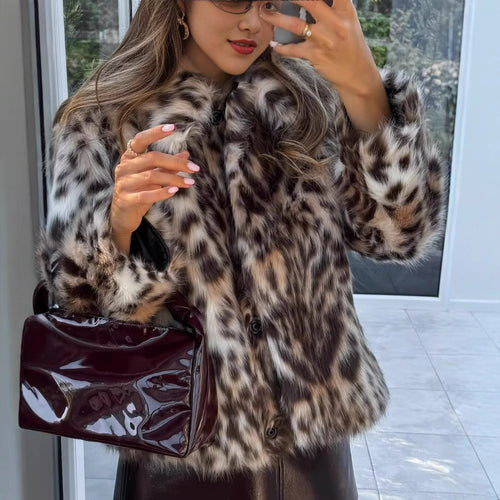 Damen 90+ kurze Kunstfelljacke mit Leopardenmuster und Stehkragen Drune