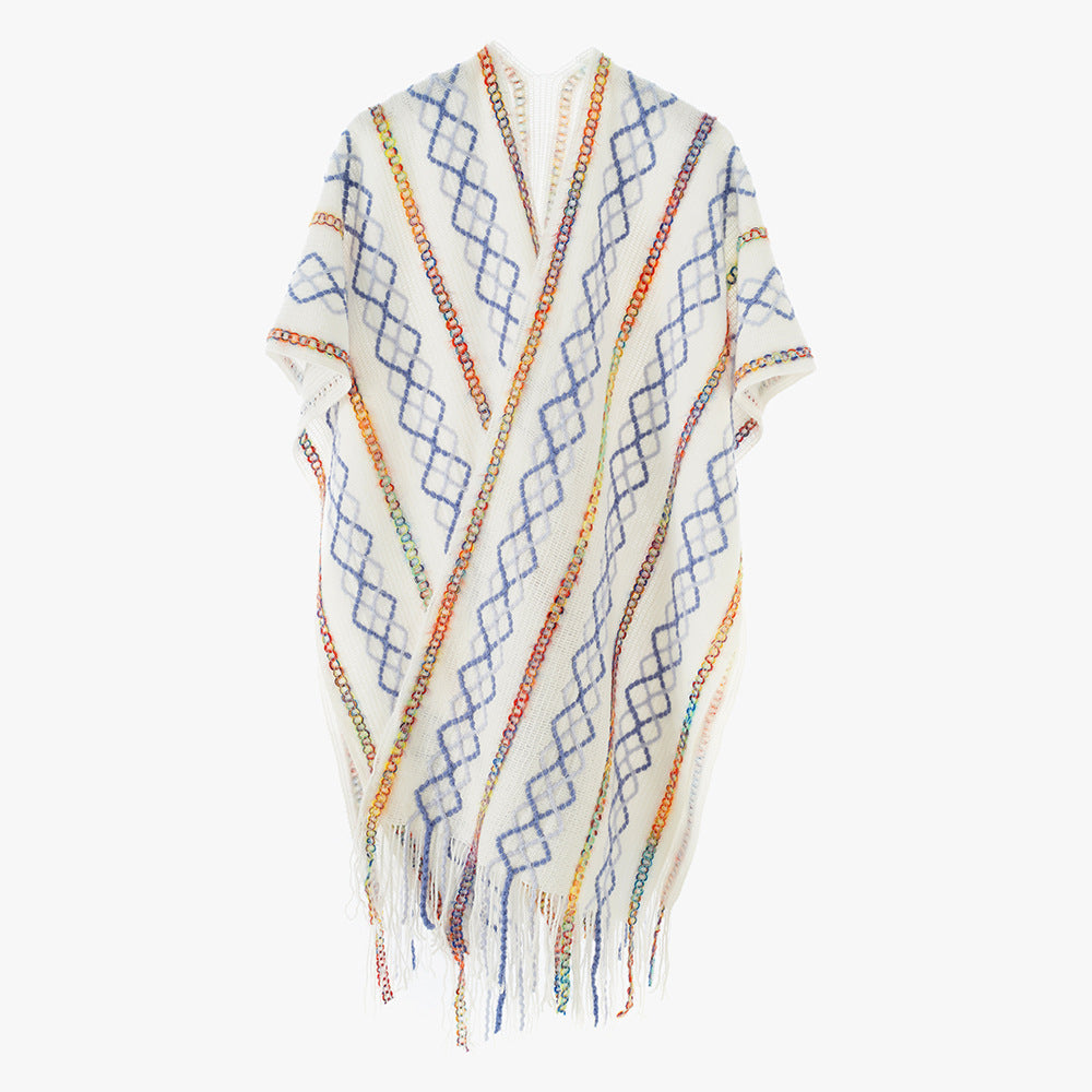 Damen Gewebter Fransenponcho mit V‑Ausschnitt und buntem Reliefjacquard Drune