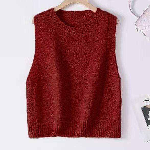 Damen Gestrickte Oversize-Ärmellose Weste mit Rundhalsausschnitt und Rippbündchen Drune