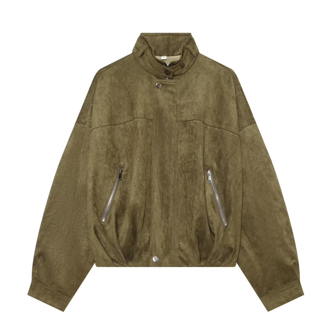 Damen Oversize-Wildleder‑Bomberjacke mit hohem Stehkragen und Reißverschlusstaschen Drune