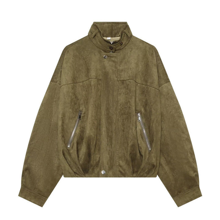 Damen Oversize-Wildleder‑Bomberjacke mit hohem Stehkragen und Reißverschlusstaschen Drune