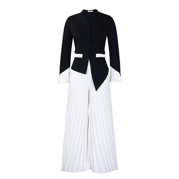 Damen eleganter Jumpsuit mit tailliertem Blazer-Oberteil und schwingenden Plisseehosen Drune
