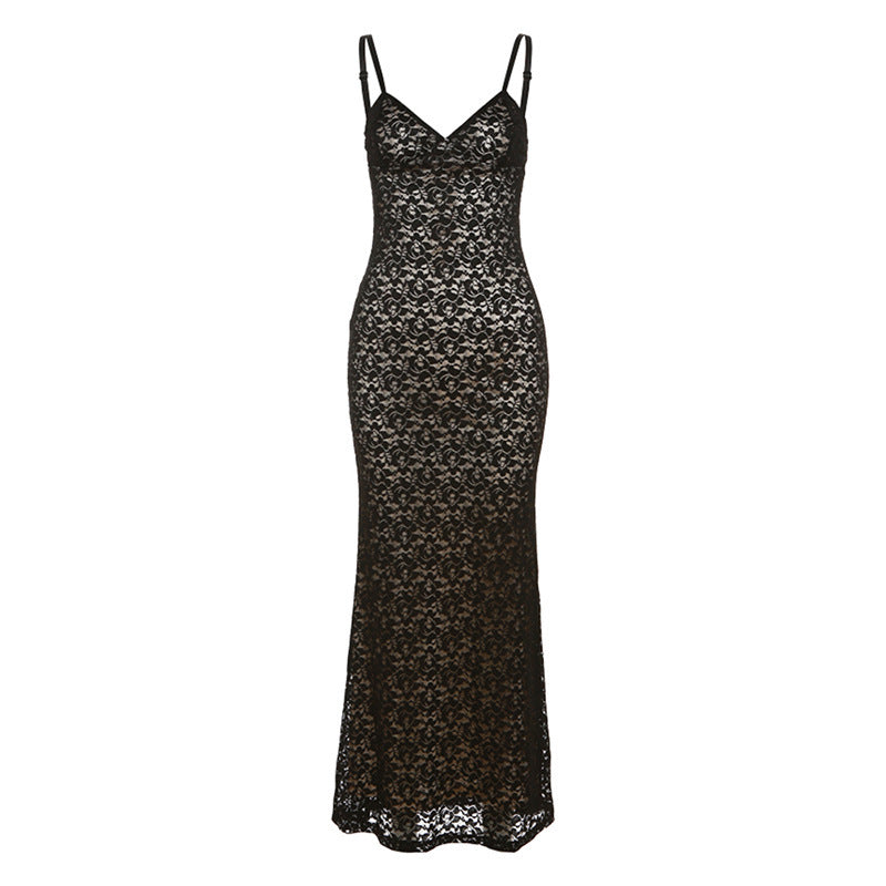 Damen Spitzen-Maxikleid mit eleganten Trägern Drune