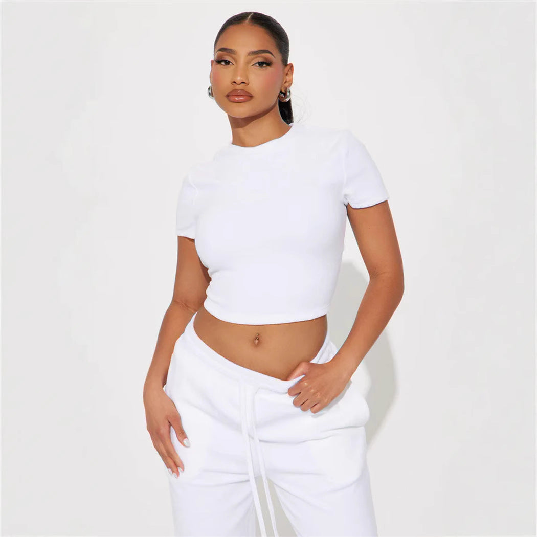Damen Velours-Hausanzug mit bauchfreiem Shirt und weit geschnittener taillenhoher Jogginghose Drune